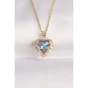 316L Çelik Zincir Altın Renk Zirkon Taşlı Mavi Mor Renkli Kalp Figür Kolye
