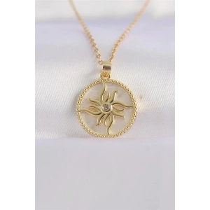 316L Çelik Zincir Altın Renk Zirkon Taşlı Oval Tasarım Güneş Kolye