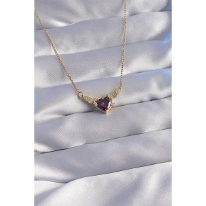 316L Çelik Zincir Gold Renk Mor Zirkon Taşlı Kanatlı Kalp Kolye