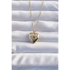 316L Çelik Zincir Gold Renk Zirkon Taşlı Göz Figürlü İçi Açılabilir Kalp Model Kolye