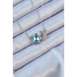 316L Çelik Zincir Gümüş Renk Ay Tasarımlı Renkli Zirkon Taşlı Çiçek Kolye