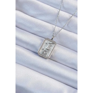 316L Çelik Zincir Gümüş Renk Zirkon Taşlı Çerçeveli Tarot Kolye