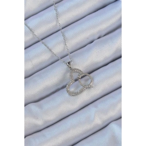 316L Çelik Zincir Gümüş Renk Zirkon Taşlı Yüzüklü Kalp Kolye