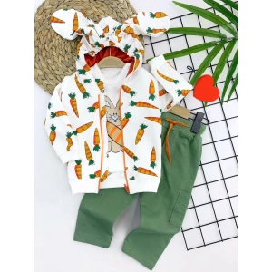 9-12-18-24 Ay Havuçlu Kulaklı Kapşonlu Fermuar Kapamalı 3lü Erkek Bebek Takımı Ekru