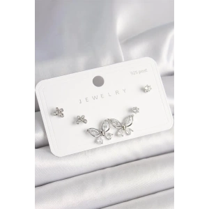 925 Ayar Gümüş Çivi Pirinç Gümüş Renk Zirkon Taşlı Kelebek Model Kadın Küpe Seti