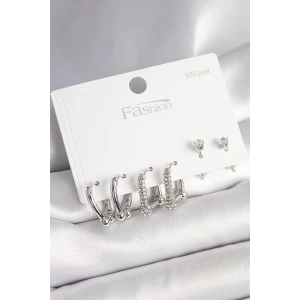 925 Ayar Gümüş Çivi Pirinç Gümüş Renk Zirkon Taşlı Tiffany Halka Model Kadın Küpe Seti