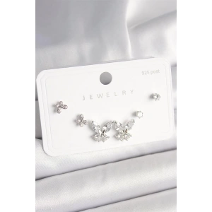 925 Ayar Gümüş Çivi Pirinç Zirkon Taşlı Kelebek Model Kadın Küpe Seti