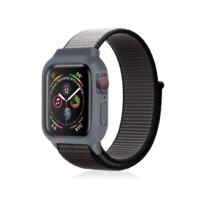 Apple Watch 38mm Hasırlı Cırtcırtlı Kasalı Kordon - Siyah-Gri