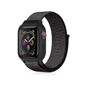 Apple Watch 42mm Hasırlı Cırtcırtlı Kasalı Kordon - Benekli Siyah