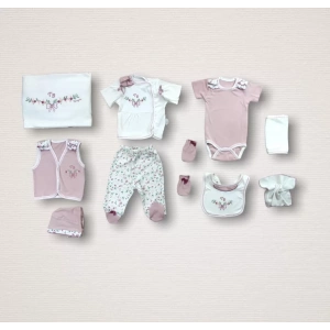 Bahar Çiçekleri Nakışlı  10lu Zıbın Takımı Hastane Çıkışı Gül Kurusu