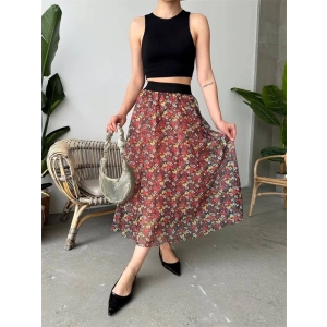 Baskılı astarlı uzun etek