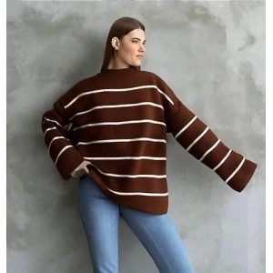 Çizgili ispanyol kol triko boğazlı kahve beyaz elf