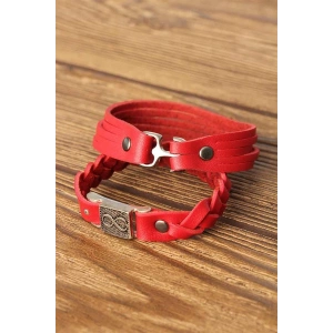 Desenli Metal Aksesuarlı Kırmızı Renk Deri Erkek Bileklik Kombin