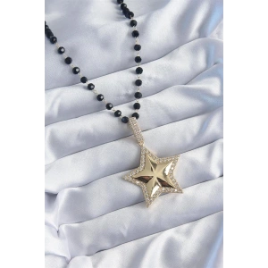 Gold Renk Siyah Boncuk Zirkon Taşlı Yıldız Model VİP Seri Kadın Kolye
