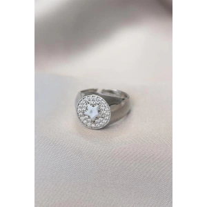 Gümüş Renk Zirkon Taşlı Plaka Yıldız Yüzük