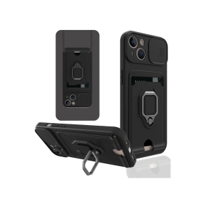 iPhone 14 Kılıf Zuma Kartvizitli Yüzüklü Silikon - Siyah