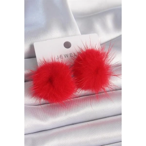 Kırmızı Tüylü Ponpon Model Kadın Küpe