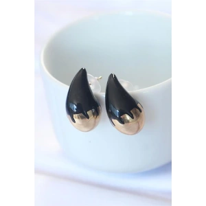 Minimal Siyah Mineli Çift Renk Damla Küpe