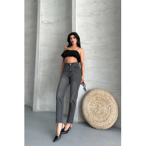 Mom fit enzim taş yıkama jeans pantolon füme d2006