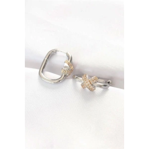 Pirinç Çift Renk Taşlı X Tasarımlı Dikdörtgen Küpe