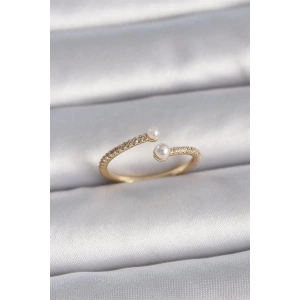 Pirinç Gold Renk Ayarlanabilir Sıralı Zirkon Taşlı İnci Detay Kadın Yüzük