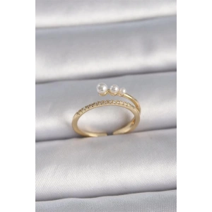 Pirinç Gold Renk Ayarlanabilir Zirkon Taşlı İncili Model Kadın Yüzük