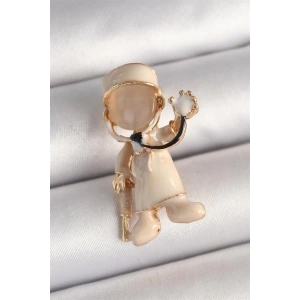 Pirinç Gold Renk Beyaz Mineli Doktor Model Kadın Broş