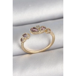 Pirinç Gold Renk Pembe Damla Zirkon Taşlı Ayarlanabilir Kadın Yüzük