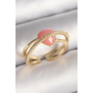 Pirinç Gold Renk Pembe Kristal Kalp Model Zirkon Taş Detaylı Kadın Yüzük