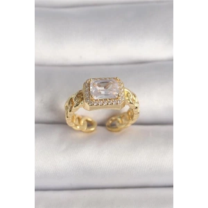 Pirinç Gold Renk Zincir Model Kare Zirkon Taşlı Kadın Yüzük