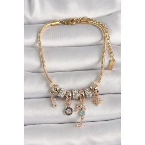 Pirinç Gold Renk Zincir Sallantı Zirkon Taşlı Deniz Atı Figür Nazar Boncuk Detay Kadın Bileklik