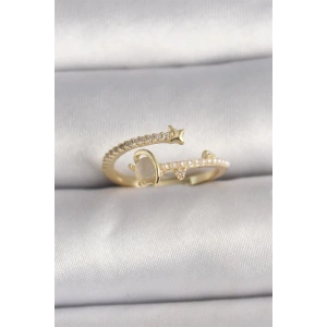 Pirinç Gold Renk Zirkon Taşlı Beyaz Mineli Yıldız Detaylı Ayarlanabilir Kadın Yüzük