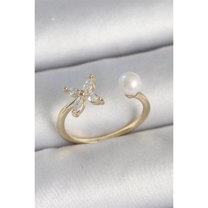 Pirinç Gold Renk Zirkon Taşlı Çiçek Model İnci Detay Ayarlanabilir Kadın Yüzük