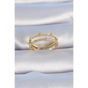 Pirinç Gold Renk Zirkon Taşlı İnci Detay Kadın Yüzük