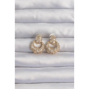 Pirinç Gold Renk Zirkon Taşlı Oval Form Küpe
