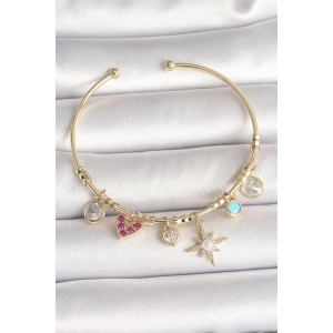 Pirinç Gold Renk Zirkon Taşlı Sallantı Kutup Yıldız Figür İnci Detay Charm Kadın Bileklik