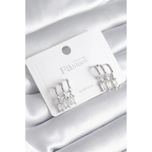 Pirinç Gümüş Renk 3lü Sallantı Zirkon Taşlı Küpe