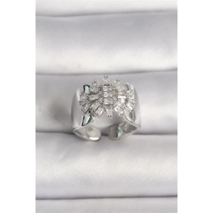 Pirinç Gümüş Renk Ayarlanabilir Baget Zirkon Taş Model Kadın Yüzük