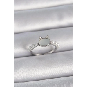 Pirinç Gümüş Renk Ayarlanabilir Beyaz Mineli Kedi Model İnci Detay Kadın Yüzük