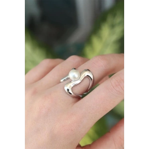 Pirinç Gümüş Renk Ayarlanabilir İnci Taşlı Yüzük