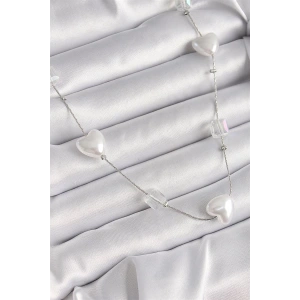 Pirinç Gümüş Renk Beyaz İnci Kalp Model Kadın Kolye