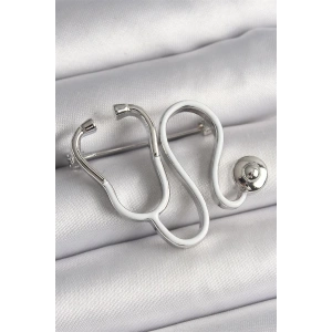 Pirinç Gümüş Renk Beyaz Steteskop Model Kadın Broş