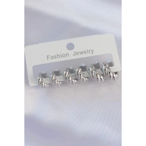 Pirinç Gümüş Renk Minimal Tırtıklı Küpe Seti