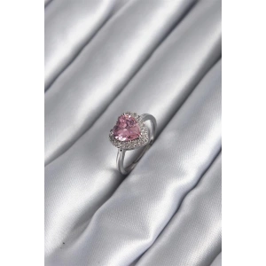 Pirinç Gümüş Renk Pembe Zirkon Taş Kalp Charm Model Kadın Yüzük