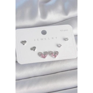 Pirinç Gümüş Renk Pembe Zirkon Taşlı Kalp Model 925 Ayar Gümüş Çivi Kadın Küpe Seti