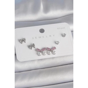 Pirinç Gümüş Renk Pembe Zirkon Taşlı Kurdele Model İnci Detay 925 Ayar Gümüş Çivi Kadın Küpe Seti