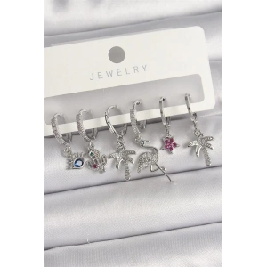 Pirinç Gümüş Renk Sallantı Zirkon Taşlı Deve Kuşu Figür Çoklu Kadın Küpe Seti