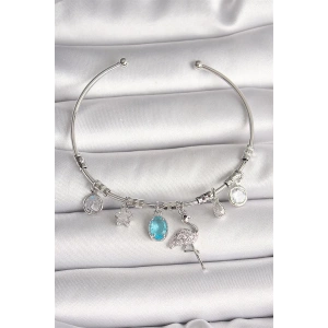 Pirinç Gümüş Renk Sallantı Zirkon Taşlı Filaminga Figür Charm Kadın Bileklik