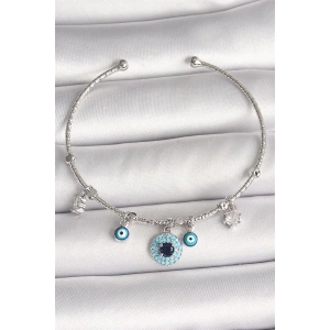 Pirinç Gümüş Renk Sallantı Zirkon Taşlı Nazar Boncuk Figür Charm Kadın Bileklik
