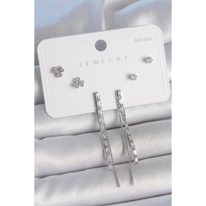 Pirinç Gümüş Renk Su Yolu Zirkon Taşlı Sallantı Model Çiçek Detay 925 Ayar Gümüş Çivi Kadın Küpe Seti